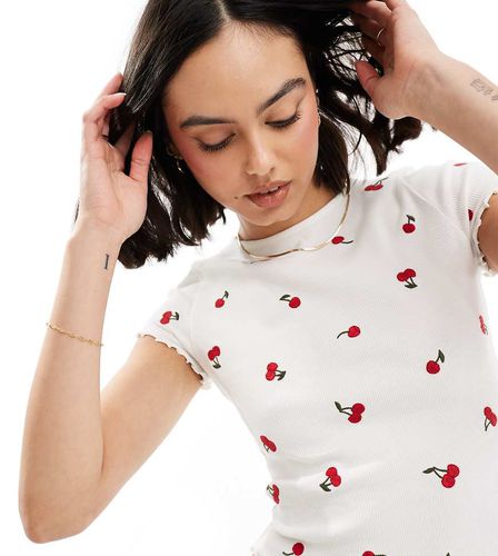 T-shirt à manches courtes et volants avec broderie cerises - Blanc - Miss Selfridge - Modalova