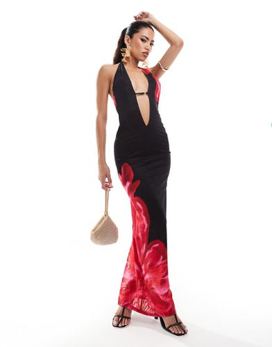 Robe longue à décolleté plongeant et dos nu avec imprimé fleurs - Noir/rouge - Murci - Modalova