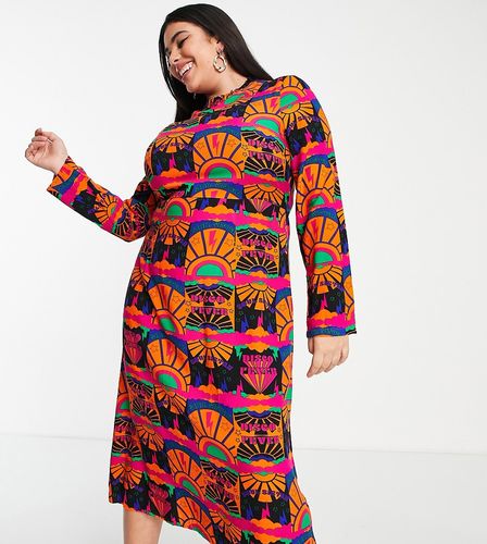 Robe rétro longue avec col volanté et imprimé disco groove - Never Fully Dressed Plus - Modalova