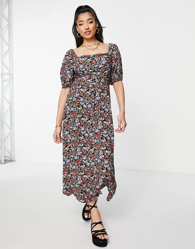 Robe mi-longue à fleurs avec buste froncé - New Look - Modalova