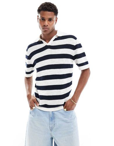 Polo en crochet à rayures avec col à revers - Bleu marine - Selected Homme - Modalova