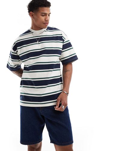 T-shirt oversize épais à rayures - Crème/vert/bleu marine - Selected Homme - Modalova
