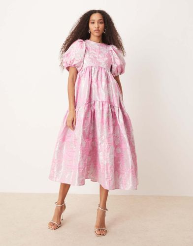 Robe mi-longue en jacquard  manches bouffantes - vif fleuri - Sister Jane - Modalova