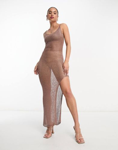 Robe longue fendue sur le côté en maille au crochet métallisée - Bronze - Style Cheat - Modalova