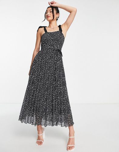 Robe mi-longue plissée avec ceinture et épaules nouées à imprimé à pois - Noir et - Style Cheat - Modalova