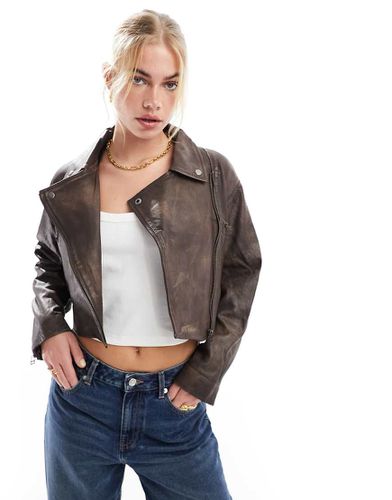 STR - Blouson en cuir véritable style motard - vintage - Stradivarius - Modalova