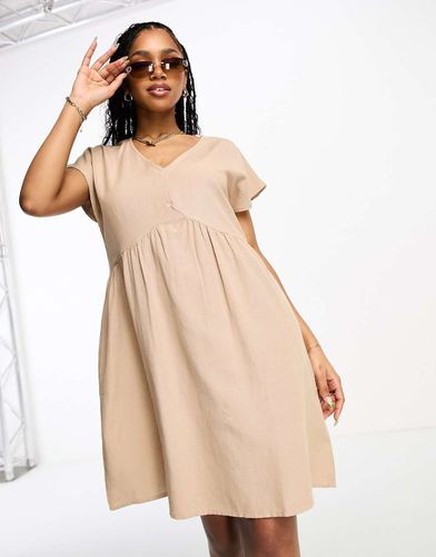 Robe courte en lin avec col en V - Beige - Pieces - Modalova