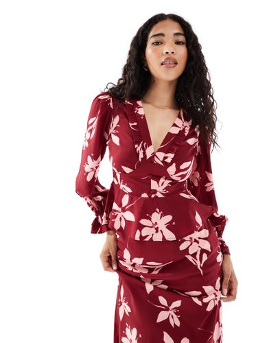 Blouse  col V et imprim fleurs - Bordeaux - Wednesday's Girl - Modalova