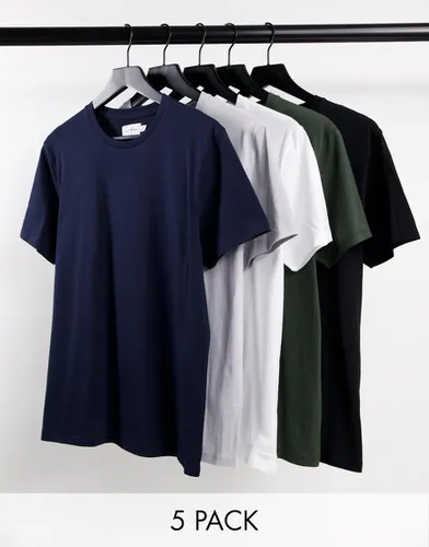 Lot de 5 t-shirts classiques en coton - Blanc, noir, gris, kaki et bleu marine - MULTI - Topman - Modalova