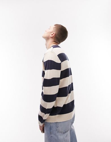 Pull classique ras de cou en maille à rayures - Écru et bleu marine - Topman - Modalova