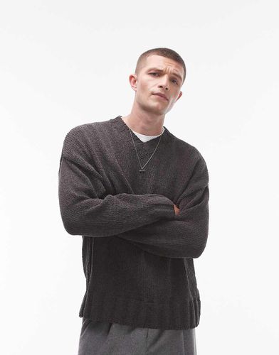 Pull en maille chenille à col en V - Anthracite - Topman - Modalova