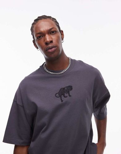 Premium - T-shirt ultra oversize avec broderie léopard devant et au dos - Anthracite - Topman - Modalova