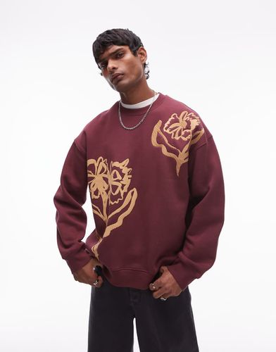 Sweat oversize avec broderie et imprimé fleurs abstraites sur le devant et au dos - Bordeaux - Topman - Modalova