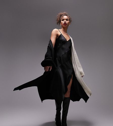 Gilet long en maille à coutures contrastantes - Noir/taupe - Topshop Tall - Modalova