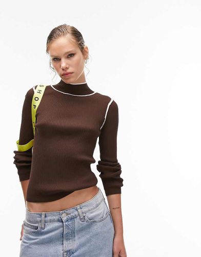 Top à manches longues en maille à jauge fine avec bordure contrastante - Topshop - Modalova