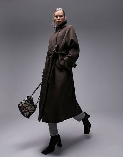 Trench-coat longue en tissu brossé avec ceinture - Chocolat - Topshop - Modalova