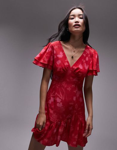 Bella - Robe à manches ange et imprimé fleurs - Rouge et rose - Topshop - Modalova