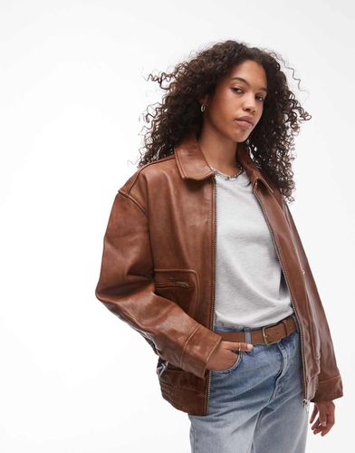 Bomber oversize en cuir véritable de qualité supérieure - Topshop - Modalova