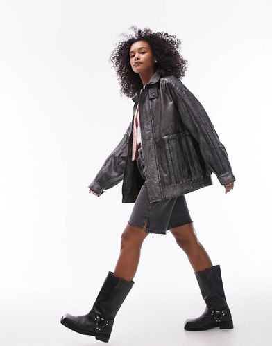 Bomber oversize en cuir véritable de qualité supérieure - délavé - Topshop - Modalova