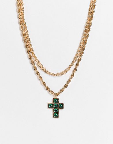 Collier multi-rangs avec pendentif croix à cristaux vert - Topshop - Modalova