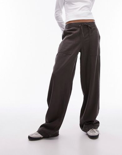 Pantalon droit taille basse en lin avec cordon à la taille - Anthracite - Topshop - Modalova