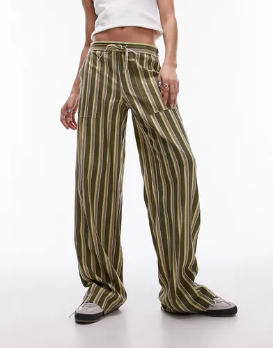 Pantalon droit en lin rayé avec taille basse et cordon de serrage - Topshop - Modalova