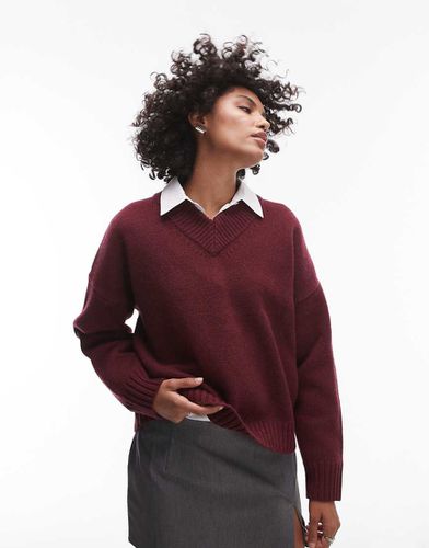 Pull décontracté à col en V en 100 % laine d'agneau de qualité supérieure - Bordeaux - Topshop - Modalova