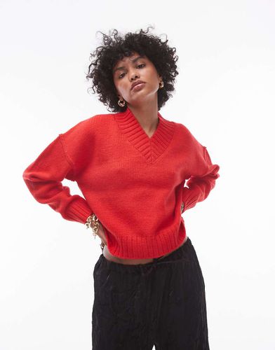 Pull épuré en maille à col montant en V - Topshop - Modalova