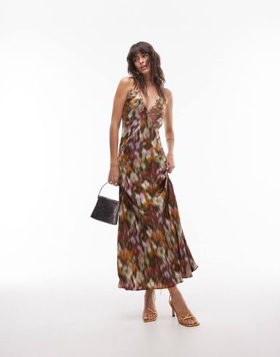 Robe mi-longue à imprimé fleuri flouté avec décolleté en V et dos ouvert - Topshop - Modalova