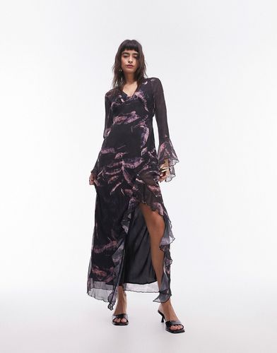 Robe mi-longue en georgette à volants et imprimé plumes - Topshop - Modalova