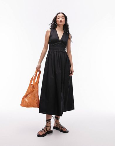 Robe mi-longue en popeline à col en V - Topshop - Modalova