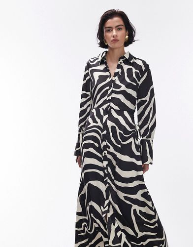 Robe chemise mi-longue en satin froncée sur le côté à imprimé animal - Noir et blanc - Topshop - Modalova