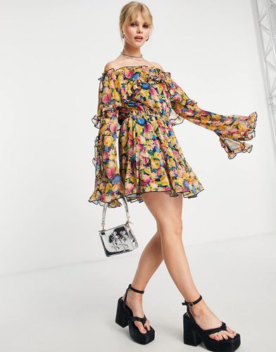 Robe courte volantée à imprimé floral avec encolure Bardot - Couleurs vives - Topshop - Modalova