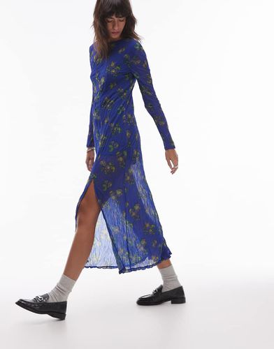 Robe longue ras de cou à fente en tissu effet froissé transparent avec imprimé à petites fleurs - Topshop - Modalova