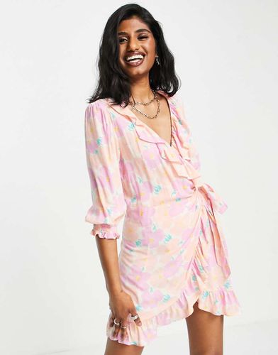 Robe portefeuille courte à imprimé fleuri - Fluo délavé - Topshop - Modalova