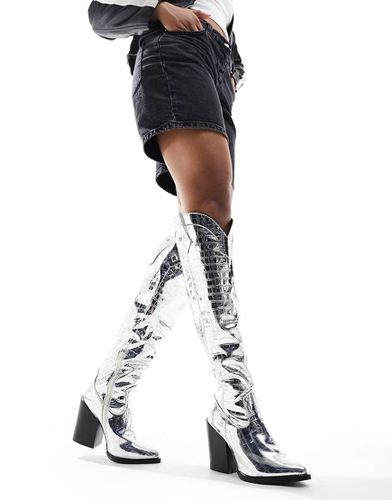 Bottes pointues hauteur genou style western - Argent croco - Truffle Collection - Modalova