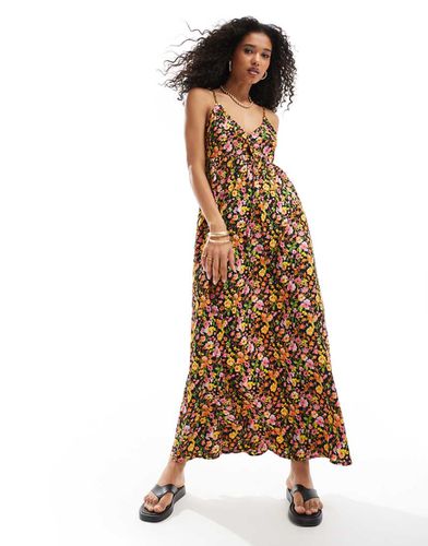 Robe longue à fines bretelles et découpe - Noir imprimé fleurs - Vero Moda - Modalova