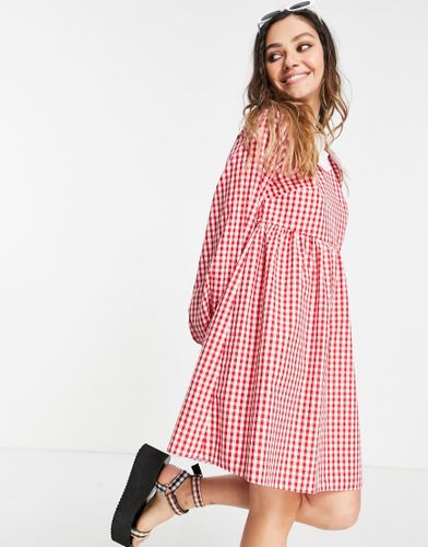Robe courte à carreaux vichy avec manches bouffantes et col volanté contrastant - Vichy - Vintage Supply - Modalova