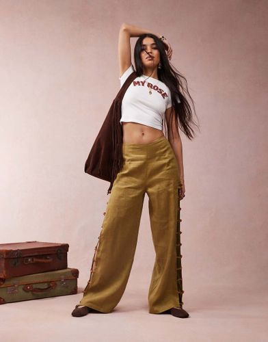 Tia - Pantalon en lin d'ensemble avec dtails  perles - Olive - Vrg Grl - Modalova