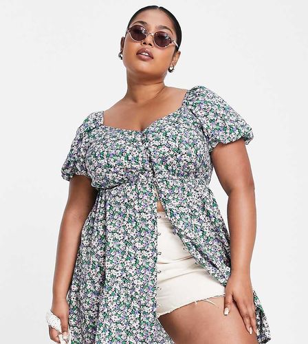 Blouse boutonnée à fleurs avec manches bouffantes - Bleu - Yours - Modalova