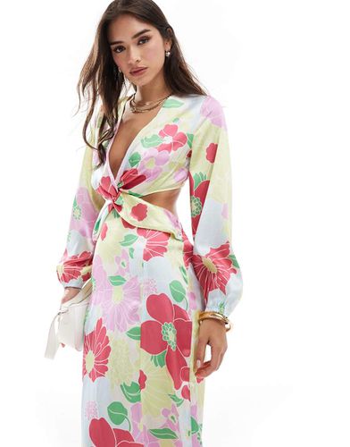 Y.A.S - Robe longueur mollet en satin avec découpe et imprimé fleuri rétro - Rose - Yas - Modalova