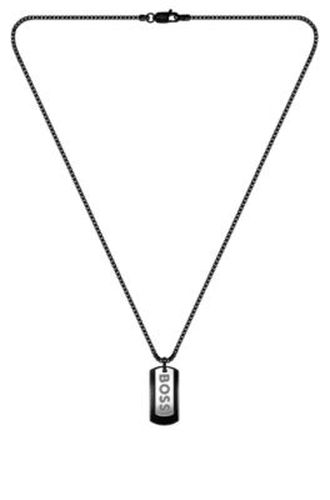 Collier en acier noir avec pendentif à double étiquette logotée - Boss - Modalova
