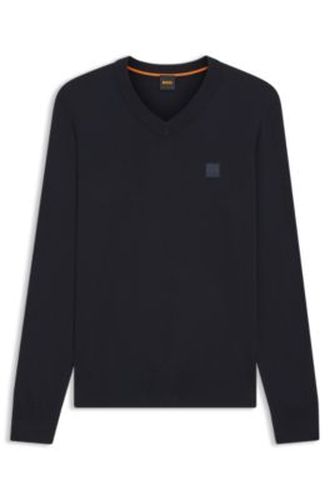 Pull à col V en coton et cachemire avec patch logoté - Boss - Modalova