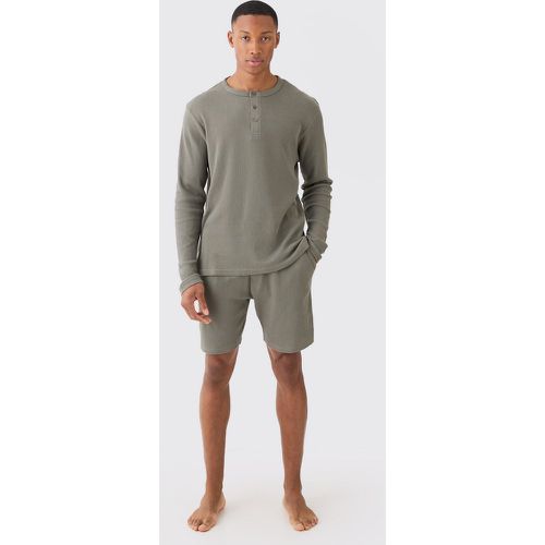 Waffle Lounge Long Sleeve Top & Short Set In Khaki - Boohooman - Modalova