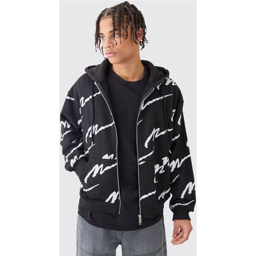 Man Signature All Over Print Boxy Zip Through Hoodie - Boohooman - Modalova