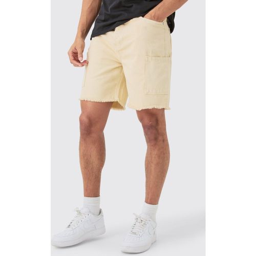 Relaxed Rigid Cargo Pocket Overdye Denim Short In Stone - Boohooman - Modalova