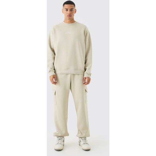 Man Signature Oversized Sweatshirt Cargo Tracksuit - Boohooman - Modalova