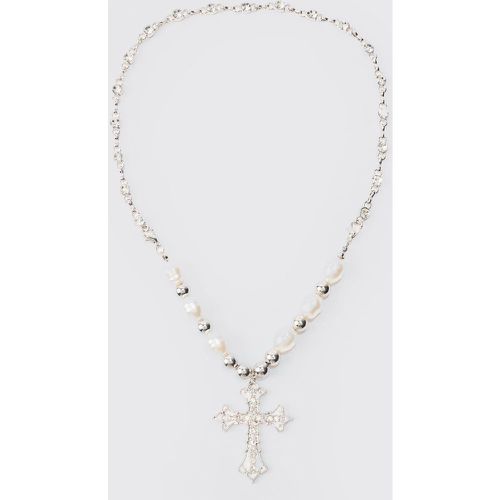 Pearl Cross Necklace In Silver - Boohooman - Modalova