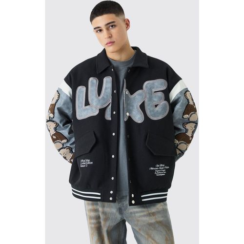 Oversized Washed Sleeve Teddy Varsity Jacket - Boohooman - Modalova