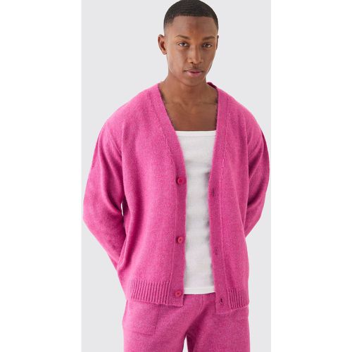 Boxy Brushed Knit Cardigan In Dark Pink - Boohooman - Modalova